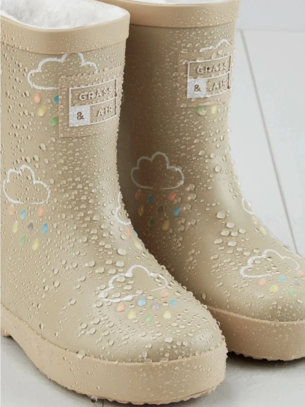 Kids Beige Rain Boots with Cloud Print and Fleece Lining